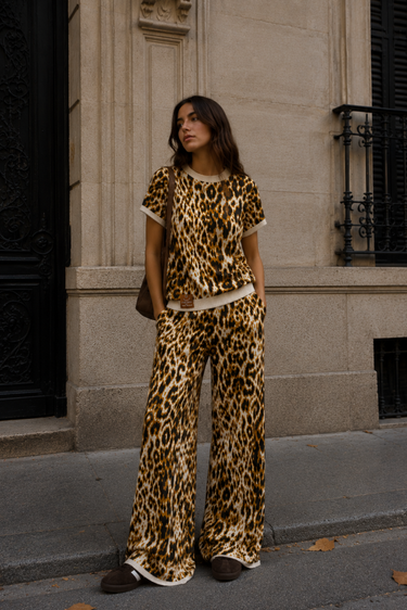 CONJUNTO TEJIDO LEOPARDO AMARILLO - MANGA CORTA